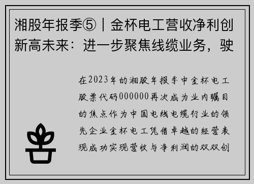 湘股年报季⑤｜金杯电工营收净利创新高未来：进一步聚焦线缆业务，驶向行业巅峰