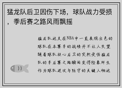 猛龙队后卫因伤下场，球队战力受损，季后赛之路风雨飘摇