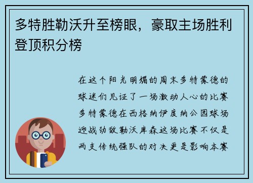 多特胜勒沃升至榜眼，豪取主场胜利登顶积分榜