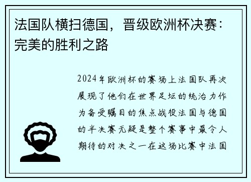 法国队横扫德国，晋级欧洲杯决赛：完美的胜利之路