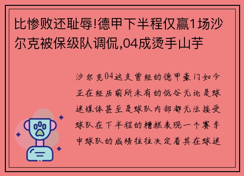 比惨败还耻辱!德甲下半程仅赢1场沙尔克被保级队调侃,04成烫手山芋