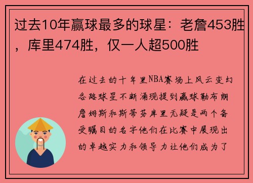 过去10年赢球最多的球星：老詹453胜，库里474胜，仅一人超500胜